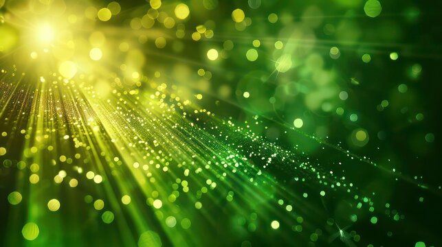 Asymmetric green light burst, abstract beautiful rays of lights on dark green background with the color of green and yellow, golden green sparkling backdrop with copy space.