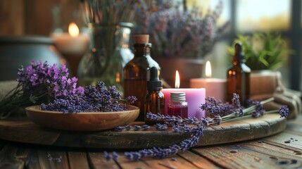 Tranquil Aromatherapy Scene with Essential Oils, Lavender, and Candles for Relaxation and Wellness