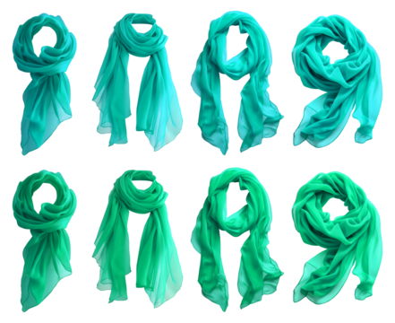 2 Set of turquoise blue green chiffon silk silky flowy soft scarf shawl wrap, front and flat lay view on transparent cutout PNG file. Many different angle. Mockup template for artwork design