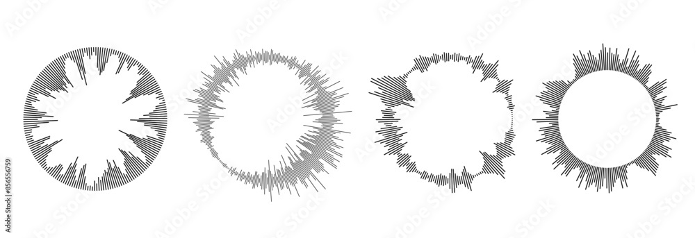Poster radial sound wave pattern set. circular audio, music or voice icon collection. round wavy equalizer 