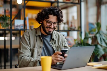 Modern freelancer: Working remotely in a cafe with laptop and coffee