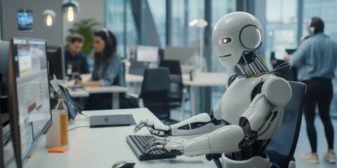 Fototapeta premium Humanoid robot working with human colleagues in the modern office. AI-powered efficiency and human collaboration