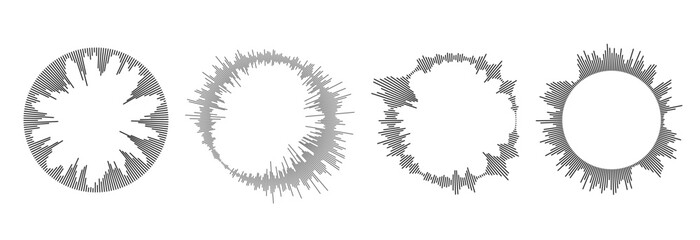 Radial sound wave pattern set. Circular audio, music or voice icon collection. Round wavy equalizer spectrum symbol pack. Circle sun burst bundle. Vector black soundwave center elements