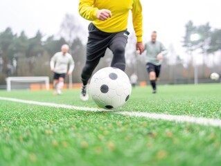 Obraz premium Senior Men Playing Football on a Lush Green Field