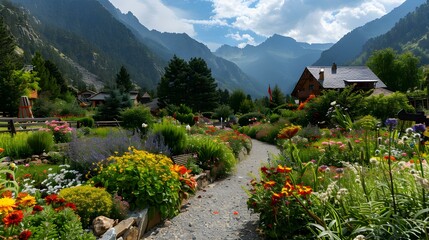 An andorran garden with flowerbeds of colorful img