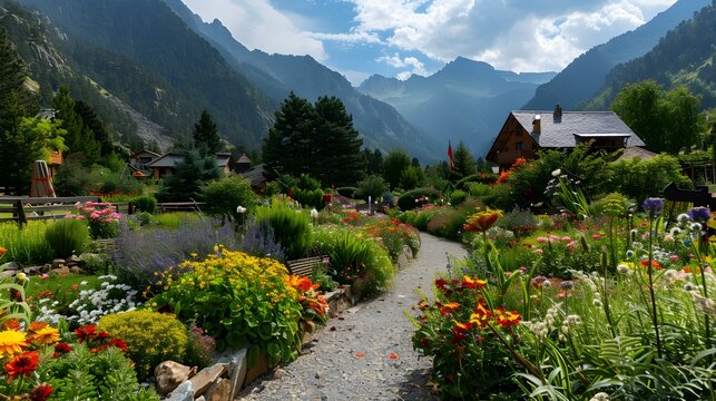 An andorran garden with flowerbeds of colorful img