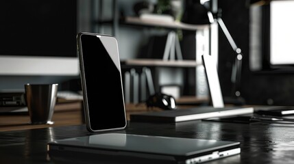 Naklejka premium Top view of modern workspace with laptop, smartphone and plant on dark table