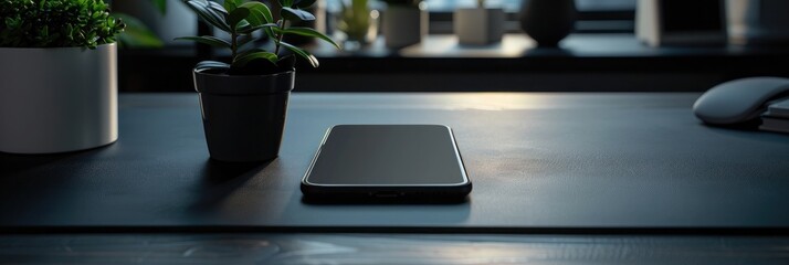 Top view of modern workspace with laptop, smartphone and plant on dark table