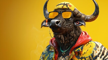 Gritty Anthropomorphic Buffalo Man in Stylish Street Wear Outfit on Yellow Background