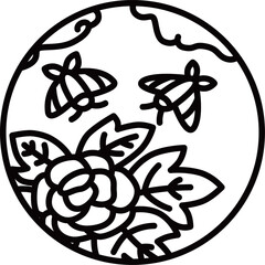 線画円形ミニ花札　水無月　牡丹　蝶　6月　牡丹に蝶