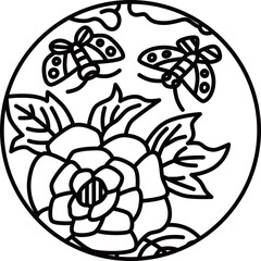 線画円形シンプル花札　水無月　牡丹　蝶　6月　牡丹に蝶