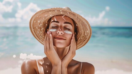 A woman applying sunscreen to her face while standing on a beach