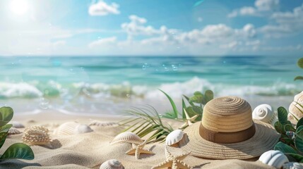 Obraz premium Summer themed advertisement card on beach with sea backdrop