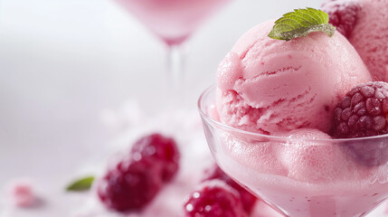 Elegant champagne and raspberry sorbet, an image of elegant champagne and raspberry sorbet, its pale pink color and bubbly texture set against a white background