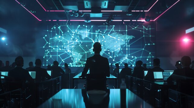 Silhouette of a person in a command center with futuristic technology, large digital map screen, and team collaboration.