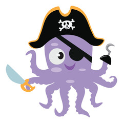 Fototapeta premium Cute octopus pirate captain vector cartoon illustration