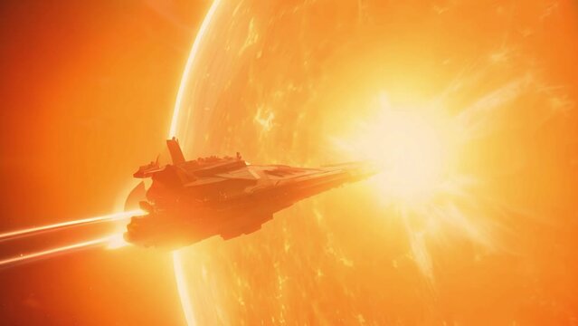 Spacecraft near a star, intense heat, dramatic scene