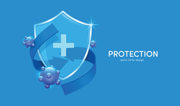 Blue arrows swirl around a silver-rimmed glass shield to protect against germs or viruses, vector 3d isolated on blue background for Advertisements about medical or disinfectant products