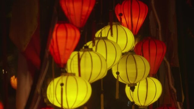 established of light paper lantern hanging from the roof of a chinese asiatic oriental city at night 