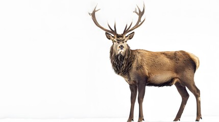 Red deer stag in front of a white background, remasterized.