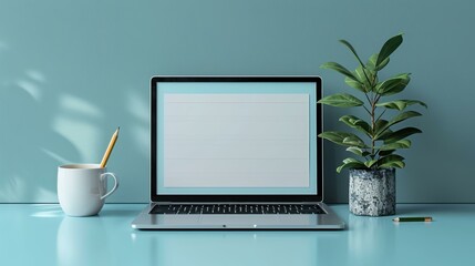 a workspace scene with a laptop featuring a blank screen, a mug containing a pencil, and a potted plant, all set against a light blue background.