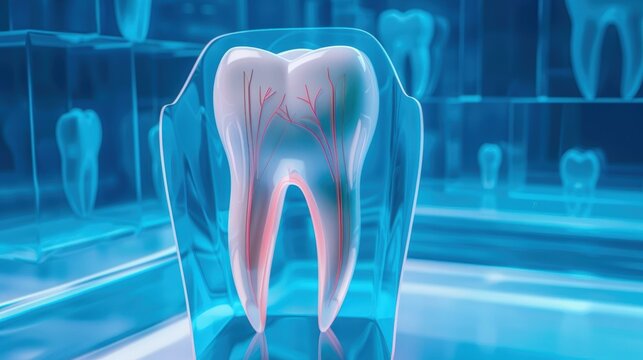 A 3D-rendered image of a healthy tooth, highlighting its internal structure on a blue background.