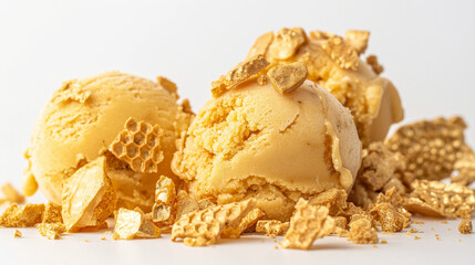 Luxurious golden honeycomb ice cream, an image of luxurious golden honeycomb ice cream, its creamy texture and chunks of crunchy honeycomb against a white backdrop