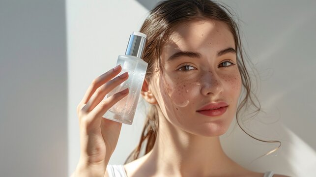 A young woman with a clear complexion, holding a bottle of cleanser