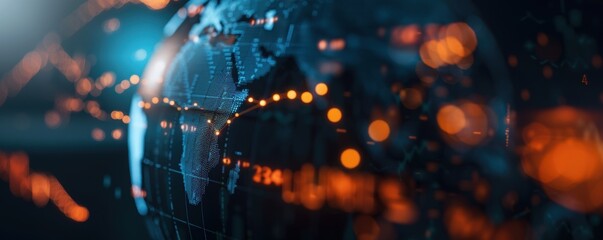 Abstract digital globe with glowing network connections and data points representing global communication and technology.