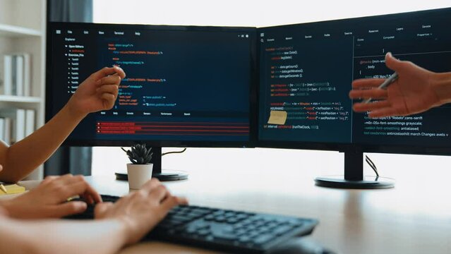 Back end software developer engineer for computer programming working together on debugging writing computing code, solving complex algorithms display on monitor in office. Burgeoning