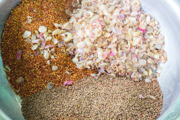 Slice onion and roast use for Thai food chili paste texture blurred background