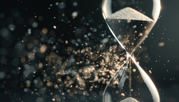 Close-up of a glass hourglass with sand flowing through. Symbolizing the passage of time with particles floating in a dark background.