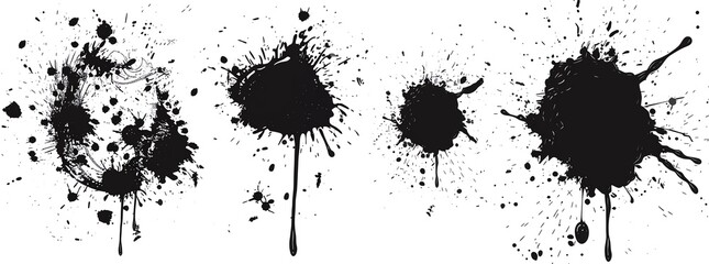 A set of four black ink splatters isolated on a white background, perfect for creative design and artistic projects.