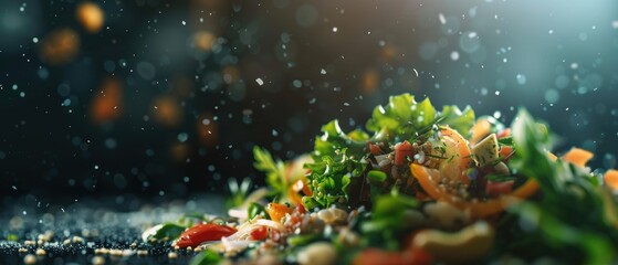 Fototapeta premium Close-up of fresh, colorful vegetables being sprinkled with seasonings, creating a vibrant, healthy food scene with dynamic lighting.