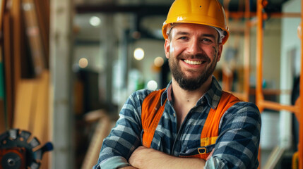 portrait cheerful of builder in place of work to convey they spirit