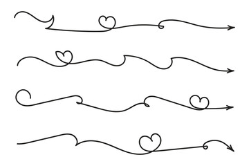 Hand drawn Thin continuous line lovely hearts style curved arrow vector, one line left right direction love sign with pen arrows, Minimalistic Outline single line way decorations decorative element