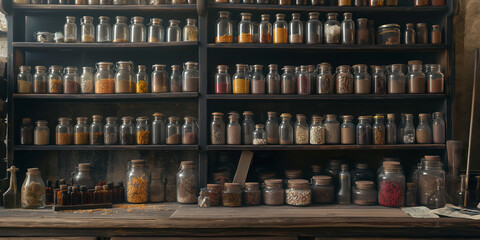 Naklejka premium Antique apothecary shelves filled with glass jars containing various herbs and spices.
