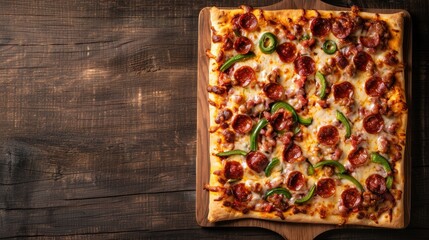 Delicious square pepperoni pizza with green peppers served on a wooden board with a rustic wooden background.