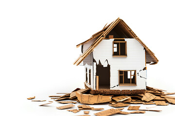 Damaged Cardboard House Model on White Background