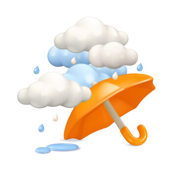 Umbrella on floor with rain and clouds vector 3d design. Cartoon orange parasol illustration, puddles and raindrops, isolated on white background. Colorful monsoon sale concept
