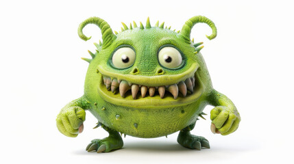 Fototapeta premium Adorable Green Monster with Antennae and Grin on White Background in Warm Light - Front View