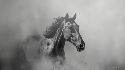 Obraz premium Monochrome image of Arabian horse in light mist Horizontal picture with text room
