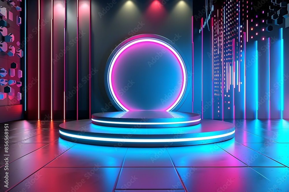 Poster neon light stage with a circular platform