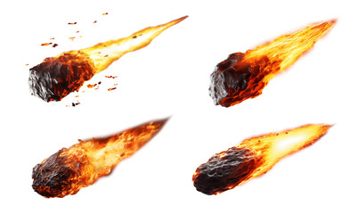 Burning meteor with glowing tail streaking set isolated on transparent background