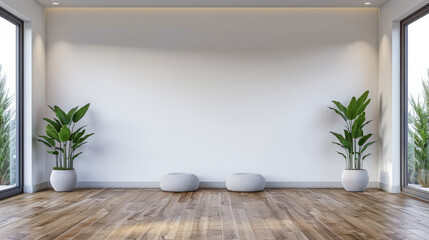 Serene corner in a living room interiors composition. Residential composition with natural window lighting, minimal furniture and wooden floors. Real Estate ad.