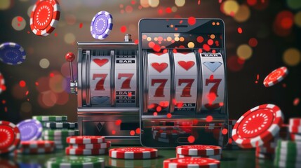 Banner of mobile online casino application with 777 big win slot machine. Poster with online mobile app casino and Jackpot 777. Generative AI