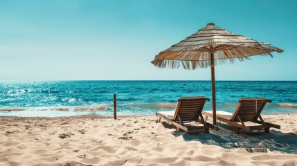 Fototapeta premium beach beds and sun umbrellas on the sandy beach seashore, nobody, copy space. Generative AI