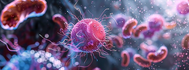 Obraz premium Microscopic view of bacteria and viruses, highlighting their intricate structures and dynamic interactions, essential for scientific research.