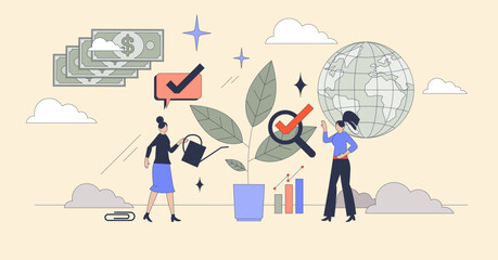 ESG investing or nature friendly investments tiny person neubrutalism concept. Environmental social governance reporting about ecological funds and financial support vector illustration. Eco company.