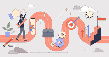 Employment goals and career success path tiny person neubrutalism concept. Goals, targets, challenges and productive work as effective strategy for professional success vector illustration.